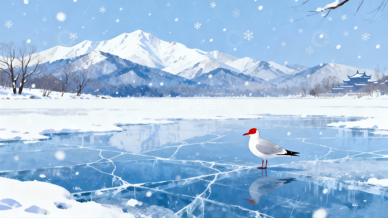 高清大图下载【趣麦麦图】雪景冰湖海鸥伫立