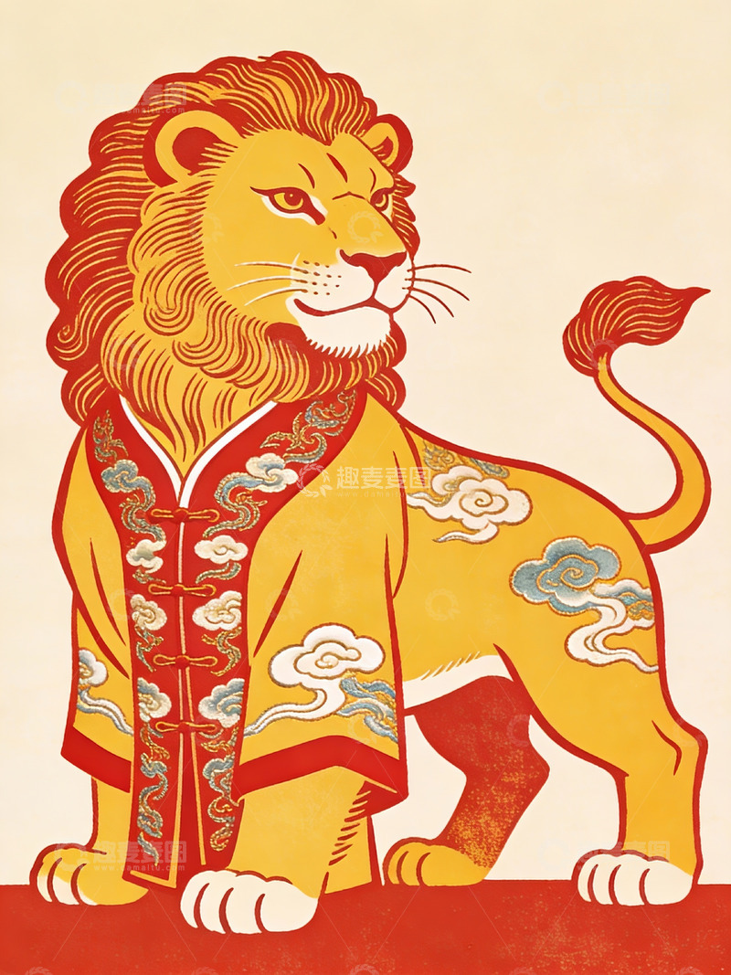 高清大图下载【趣麦麦图】身穿华服的金色狮子插画