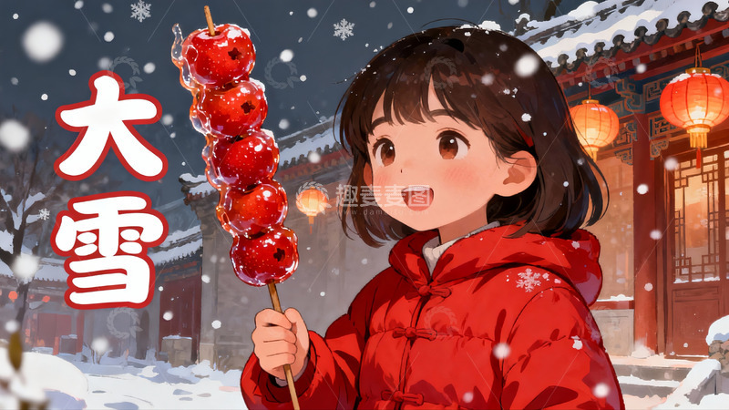 高清大图下载【趣麦麦图】雪中女孩手持糖葫芦