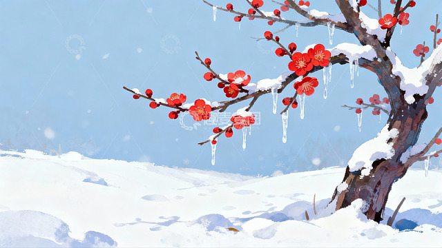雪中红梅绽放