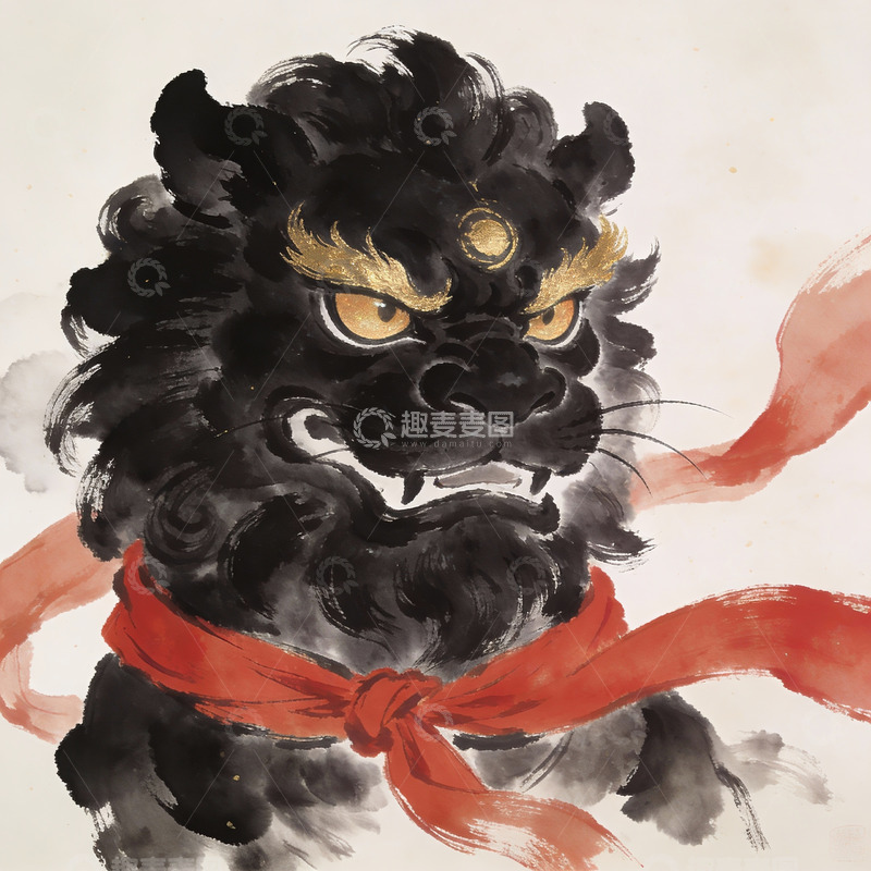 高清大图下载【趣麦麦图】水墨画中的黑狮与红绸