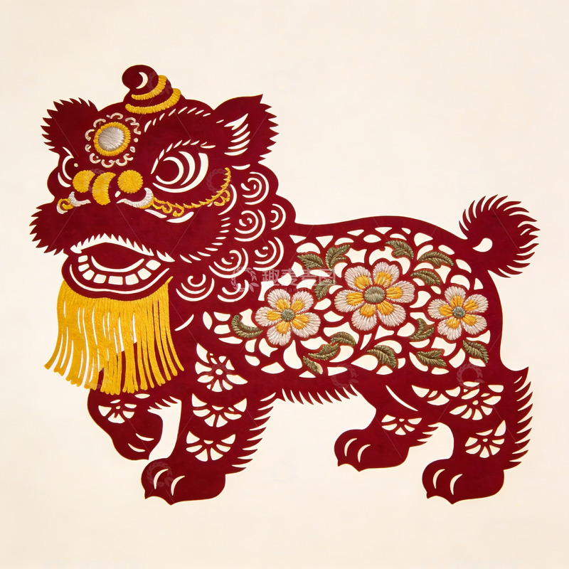 高清大图下载【趣麦麦图】红色剪纸舞狮图案艺术作品