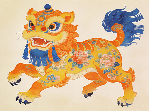 色彩斑斓的中国舞狮艺术画