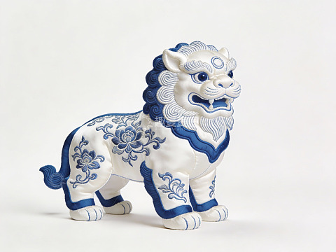 蓝白绣花狮子摆件