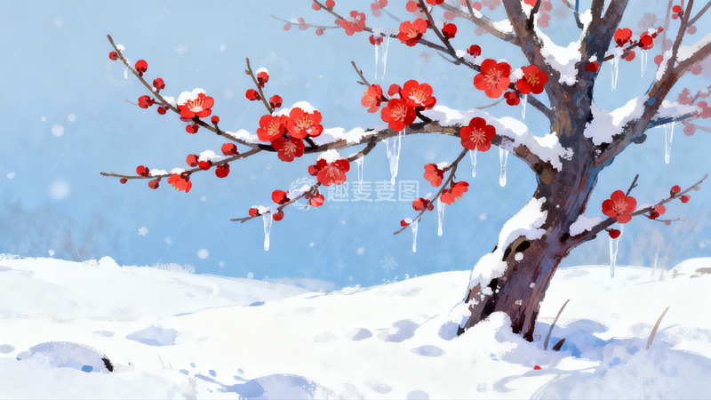 高清大图下载【趣麦麦图】雪中红梅绽放