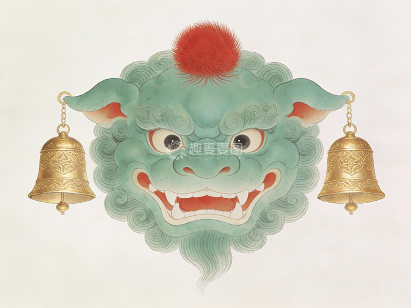 高清大图下载【趣麦麦图】青色神兽头像挂铃装饰画