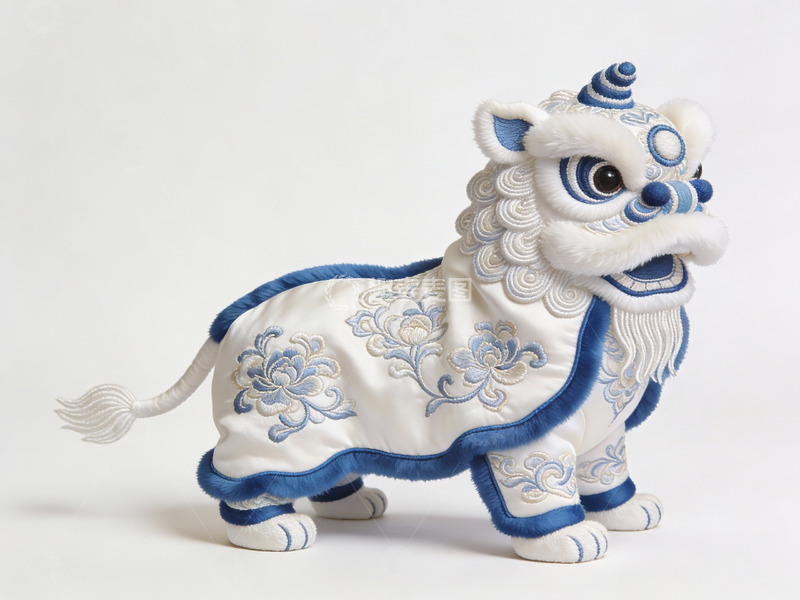 高清大图下载【趣麦麦图】蓝白刺绣舞狮玩偶