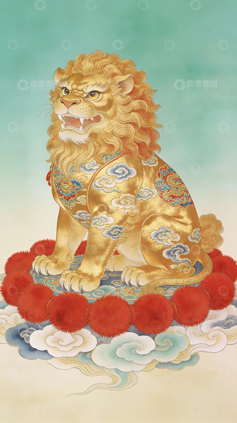 高清大图下载【趣麦麦图】金色瑞兽端坐祥云之上