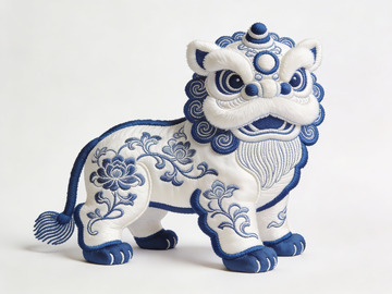 蓝白刺绣狮子摆件精致典雅