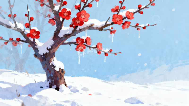 高清大图下载【趣麦麦图】雪中红梅绽放