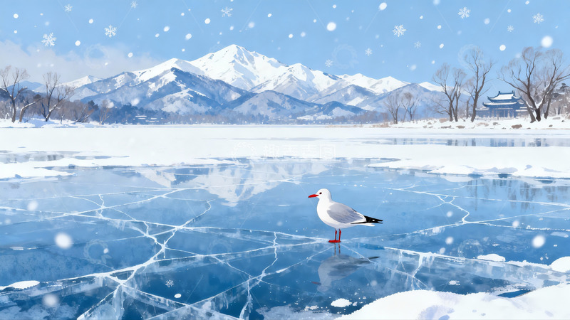 高清大图下载【趣麦麦图】雪景冰湖海鸥伫立