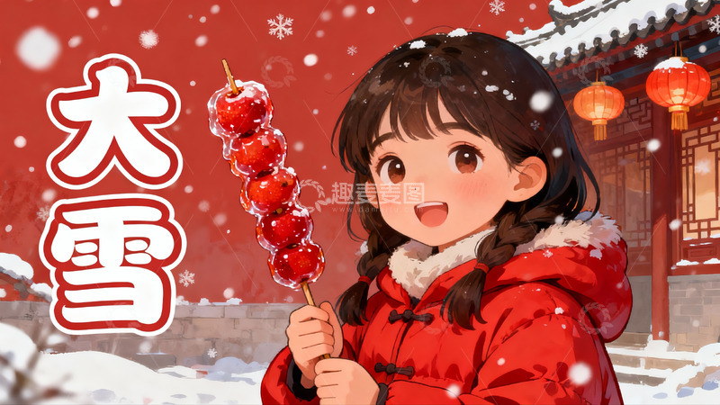 高清大图下载【趣麦麦图】雪中女孩手持糖葫芦
