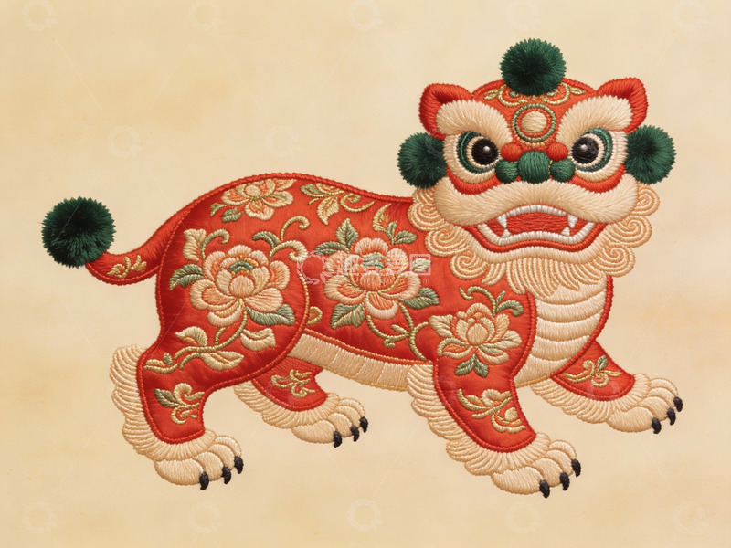 高清大图下载【趣麦麦图】中国传统舞狮刺绣图案