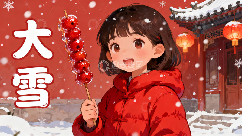 高清大图下载【趣麦麦图】雪中红衣女孩手持糖葫芦