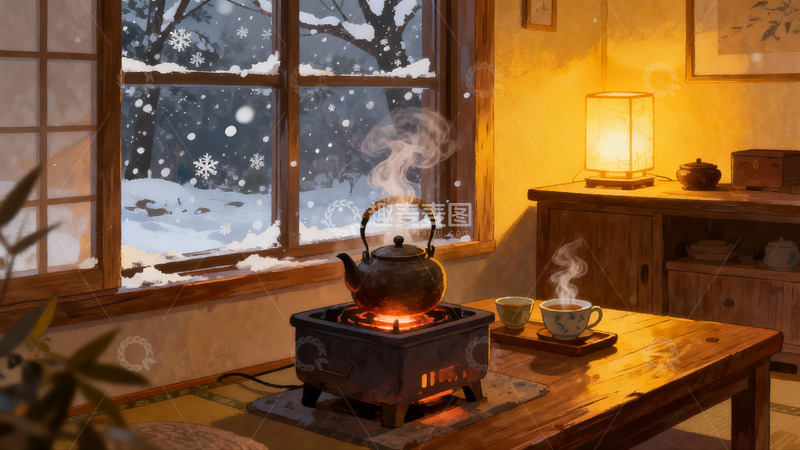 高清大图下载【趣麦麦图】冬日暖室窗外雪景