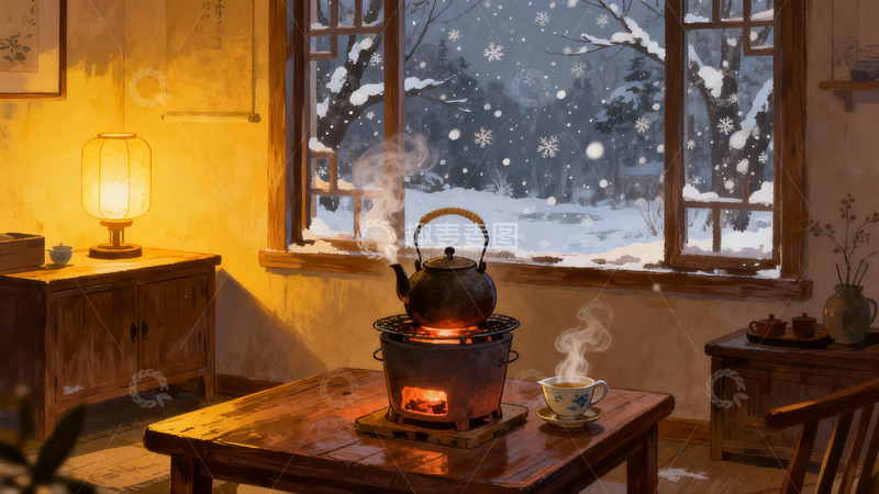 高清大图下载【趣麦麦图】冬日暖室窗外雪景