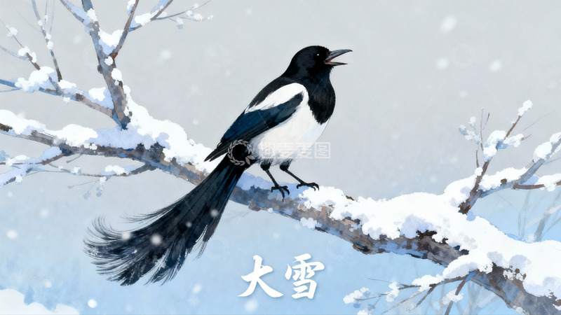 高清大图下载【趣麦麦图】雪中喜鹊栖枝鸣叫