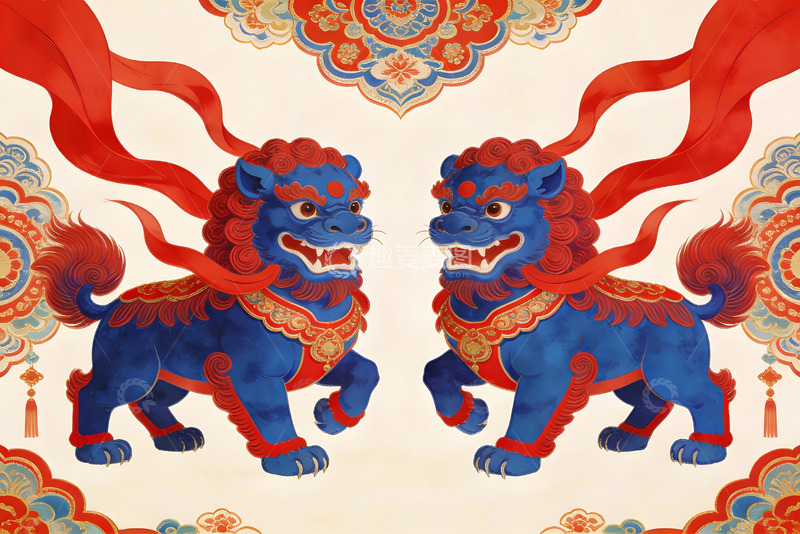 高清大图下载【趣麦麦图】中国传统蓝狮图案装饰画