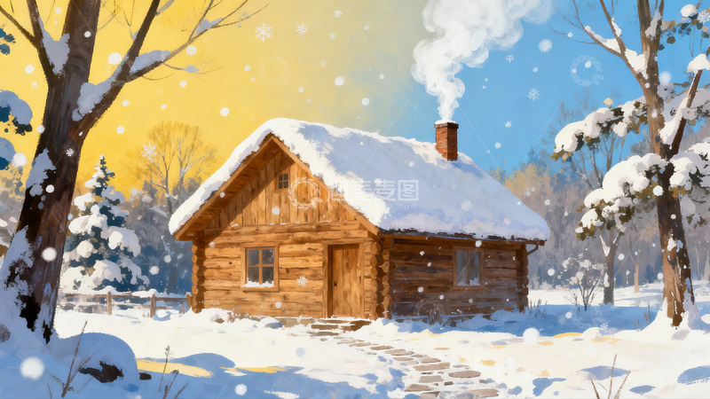 高清大图下载【趣麦麦图】雪景木屋冬日宁静画面
