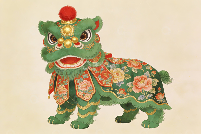高清大图下载【趣麦麦图】色彩鲜艳的舞狮艺术插画