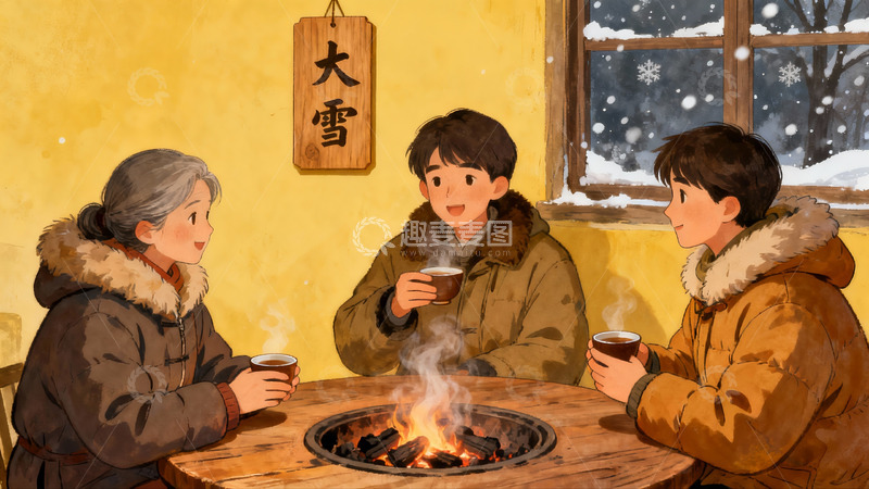高清大图下载【趣麦麦图】三人围炉取暖冬日温馨场景