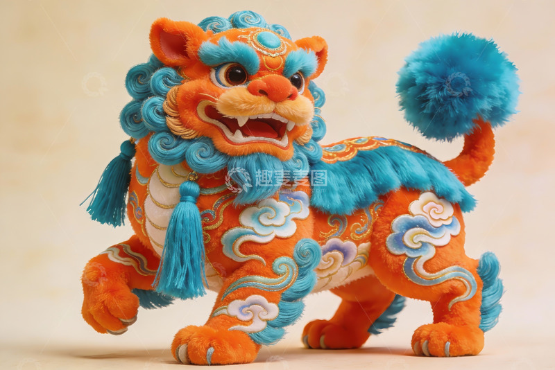 高清大图下载【趣麦麦图】橙蓝相间毛绒狮子摆件
