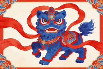 蓝色瑞兽舞动红绸图案