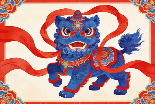 蓝色瑞兽舞动红绸图案
