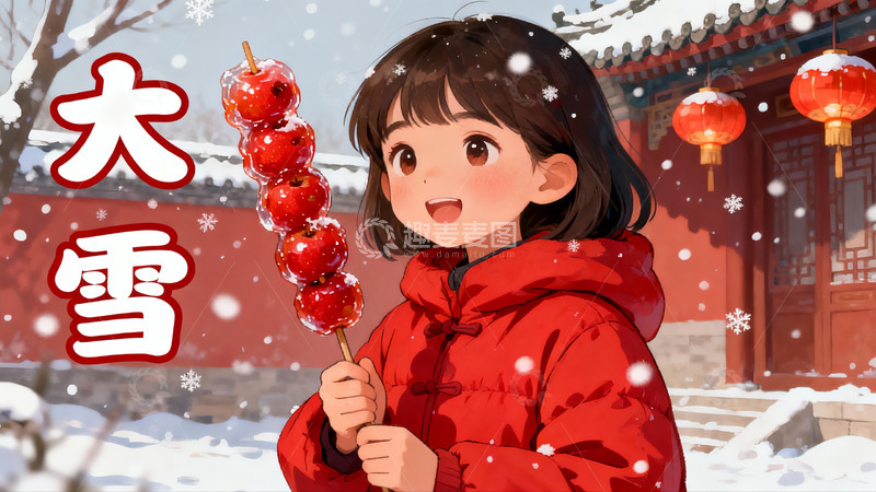 高清大图下载【趣麦麦图】雪中红衣女孩手持糖葫芦