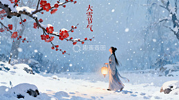 雪中红梅古装女子提灯漫步