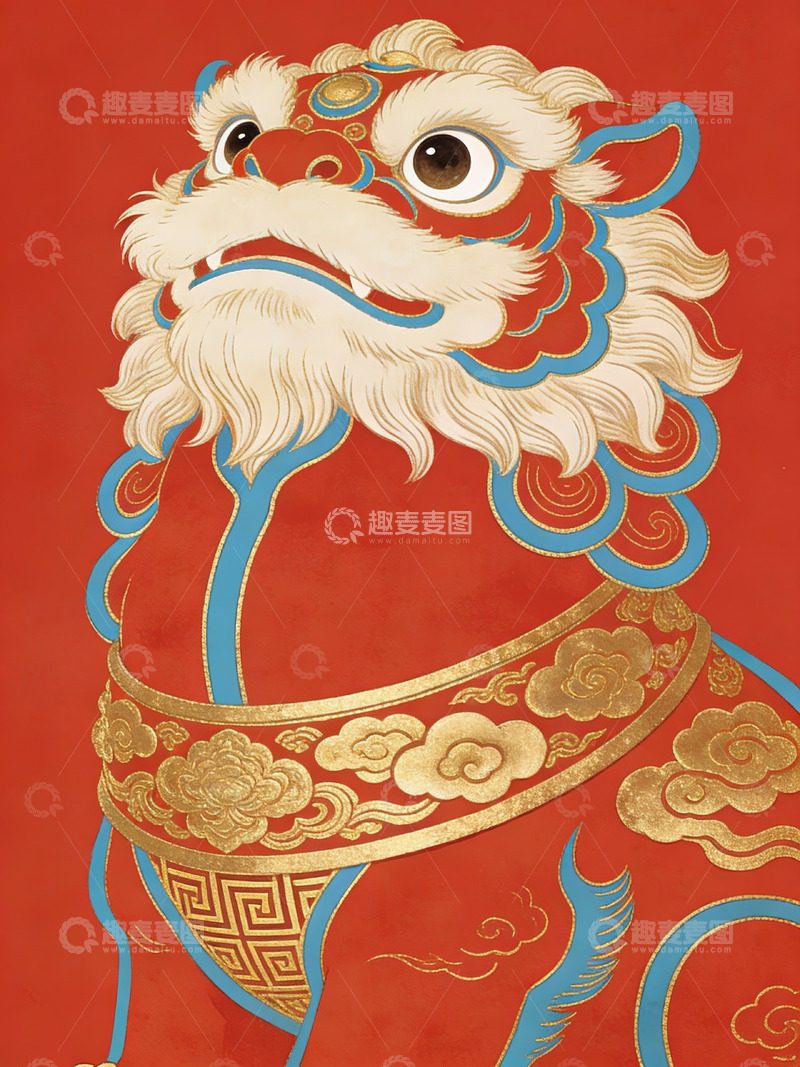 高清大图下载【趣麦麦图】红色背景下的祥云瑞兽图案