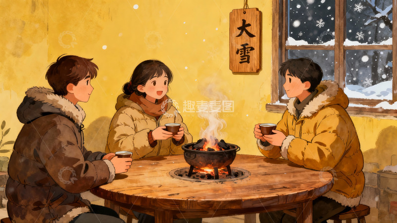 高清大图下载【趣麦麦图】三人围炉取暖冬日温馨场景