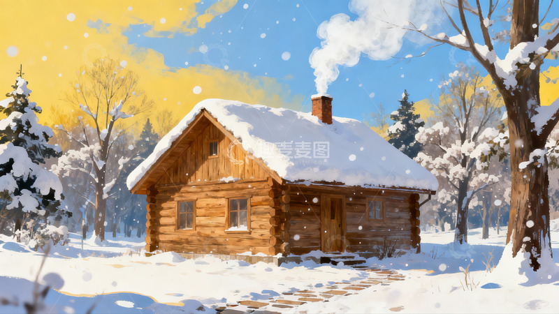 高清大图下载【趣麦麦图】雪景木屋冬日静谧画面