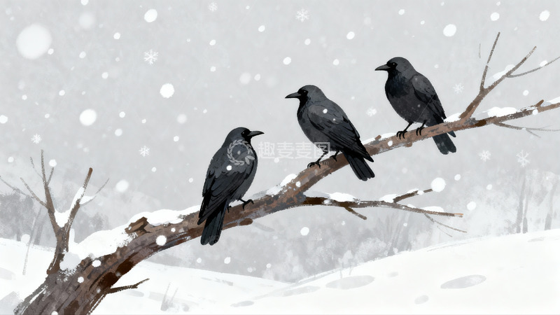 高清大图下载【趣麦麦图】雪中树枝上的三只乌鸦