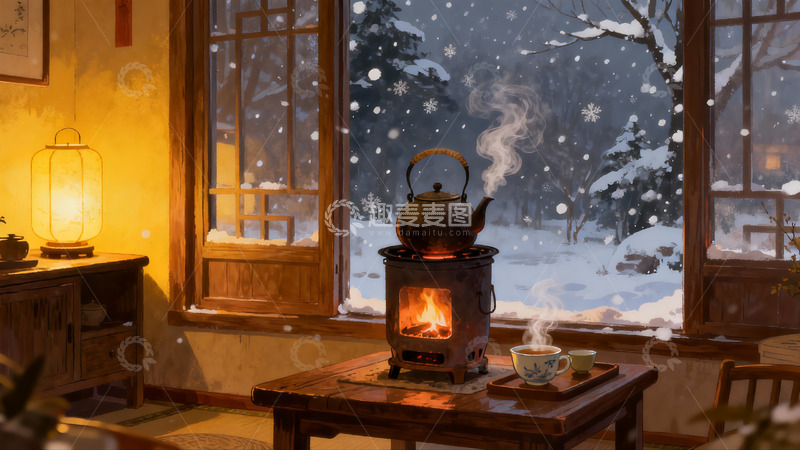 高清大图下载【趣麦麦图】冬日暖室雪景图