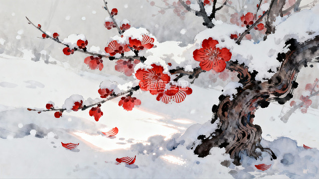 雪中红梅绽放美景