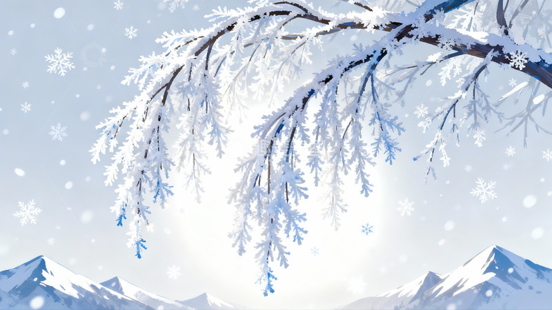高清大图下载【趣麦麦图】雪覆树枝与雪山美景