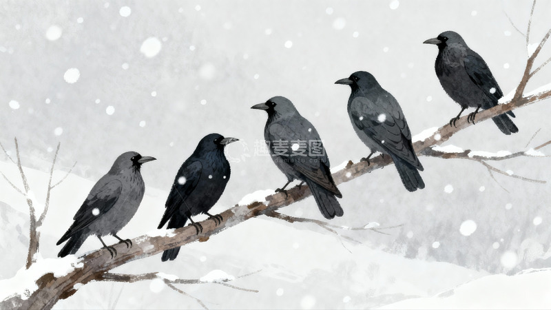 高清大图下载【趣麦麦图】雪中树枝上的六只乌鸦