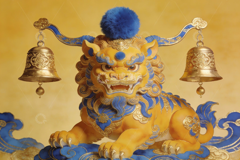 高清大图下载【趣麦麦图】金色狮子雕像配铃铛装饰
