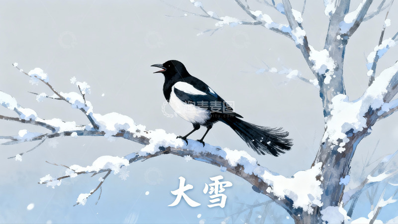 高清大图下载【趣麦麦图】雪中喜鹊栖枝鸣叫