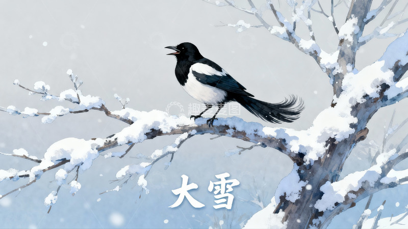 高清大图下载【趣麦麦图】雪中喜鹊栖枝头