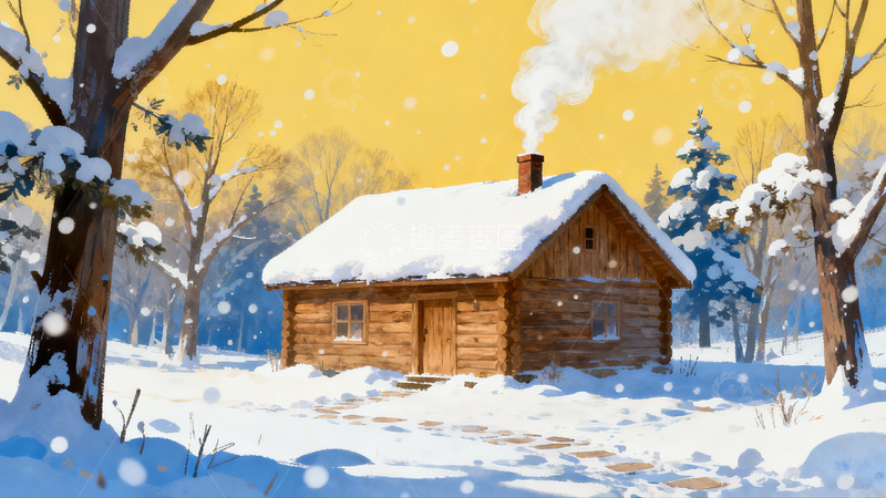 高清大图下载【趣麦麦图】雪中木屋冬日静谧景象