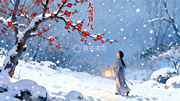 雪中红梅古装女子提灯漫步