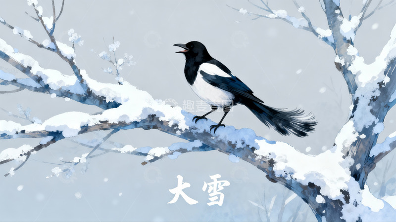 高清大图下载【趣麦麦图】雪中喜鹊栖枝鸣叫
