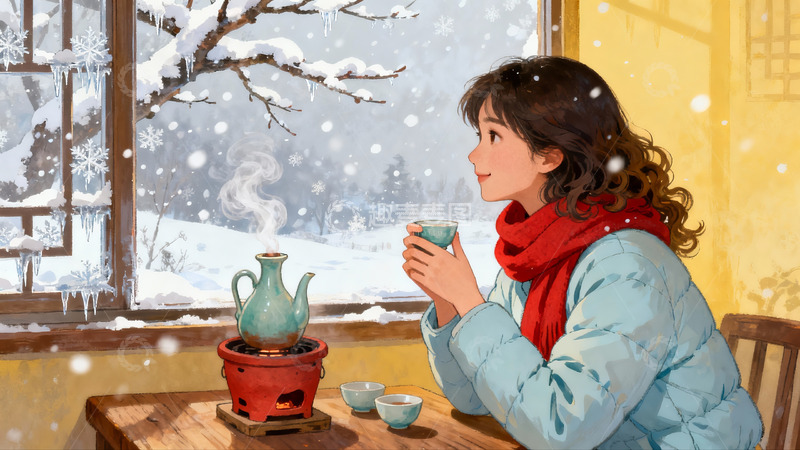 高清大图下载【趣麦麦图】窗边女子品茶赏雪