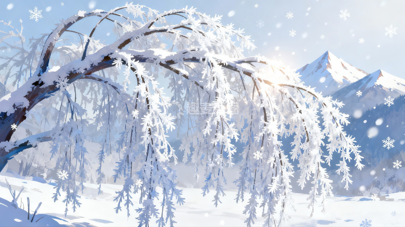 高清大图下载【趣麦麦图】雪覆树枝山景冬日画卷
