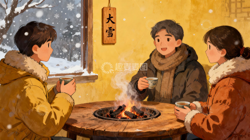 高清大图下载【趣麦麦图】三人围炉取暖雪景温馨