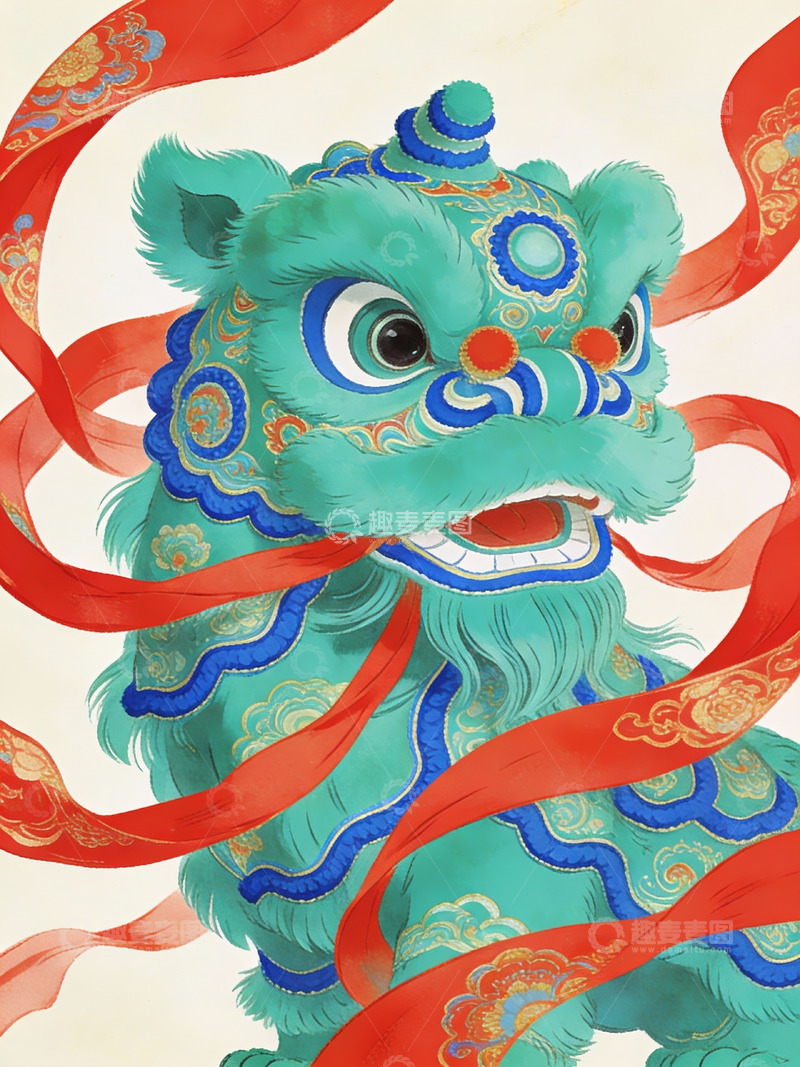 高清大图下载【趣麦麦图】青色舞狮头戴红绸带