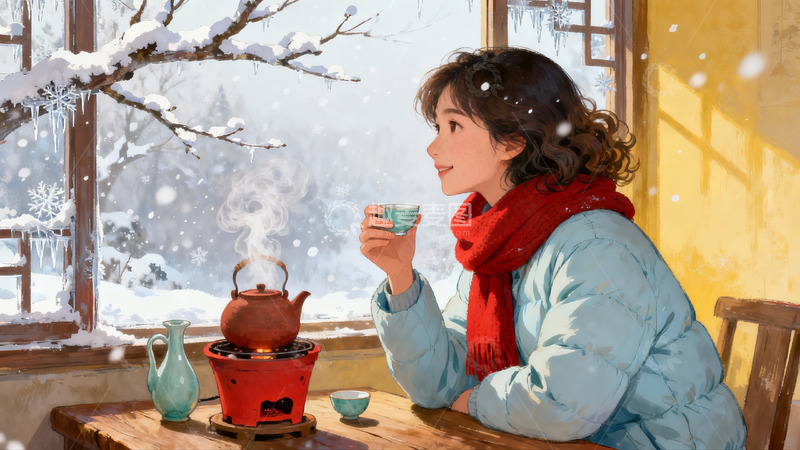 高清大图下载【趣麦麦图】冬日窗边女子品茶赏雪