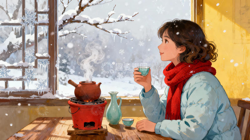 高清大图下载【趣麦麦图】雪景窗边女子品茶图